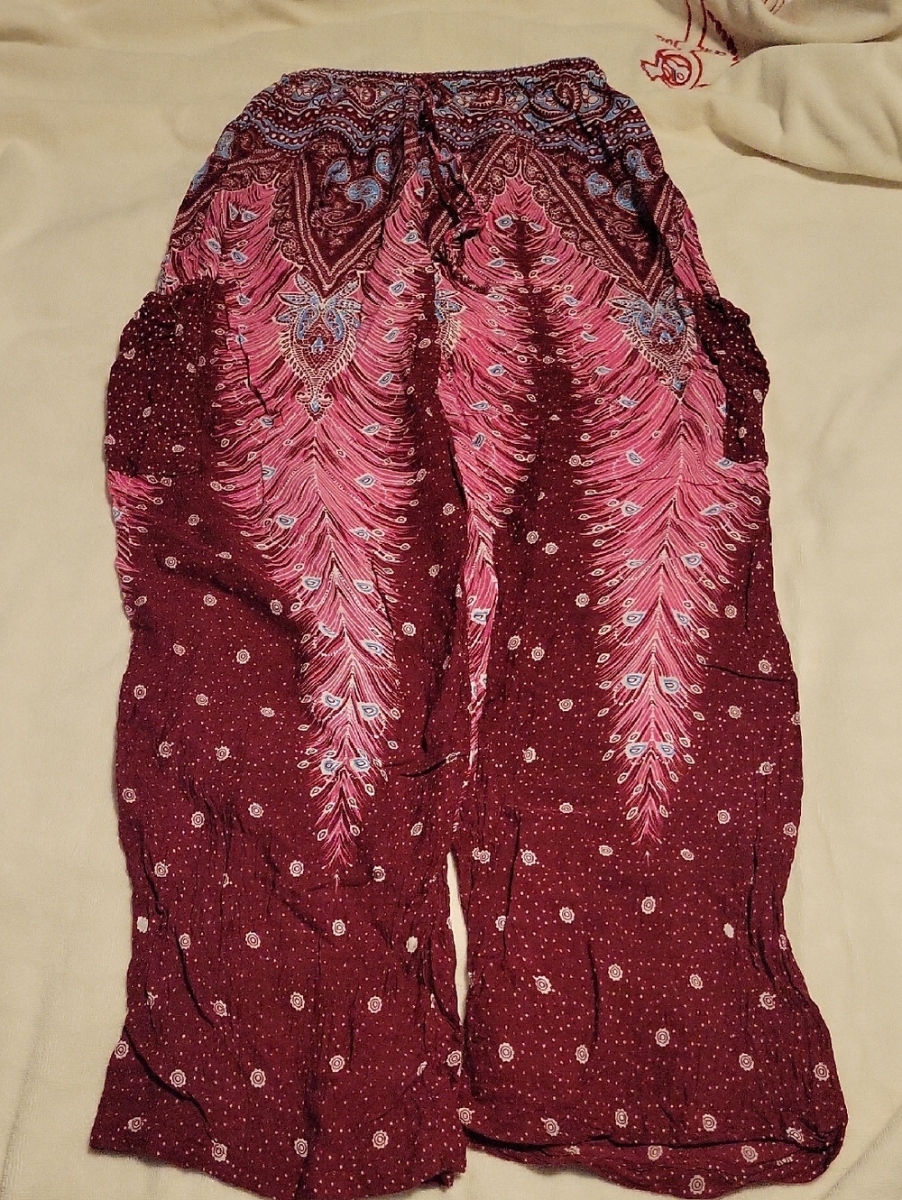 Boho Wide Leg Print Palazzo Pants -Bohemian Burgundy & Pink- One Size- Like New
